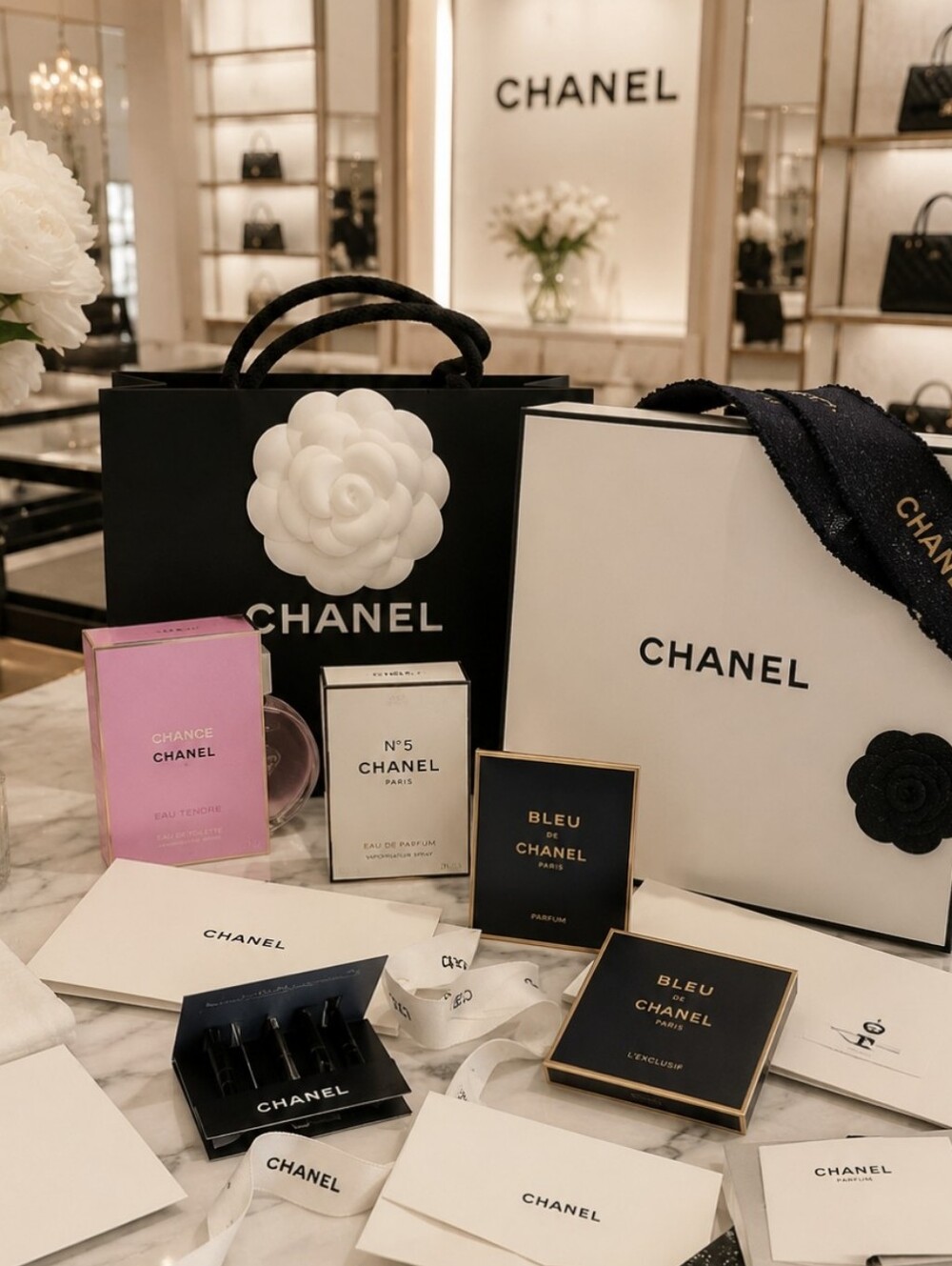 CHANEL 6xPerfume Spray 2xMascara Mini 2XLuxury Boxes 2xShip Boxes 1xBag Camellia